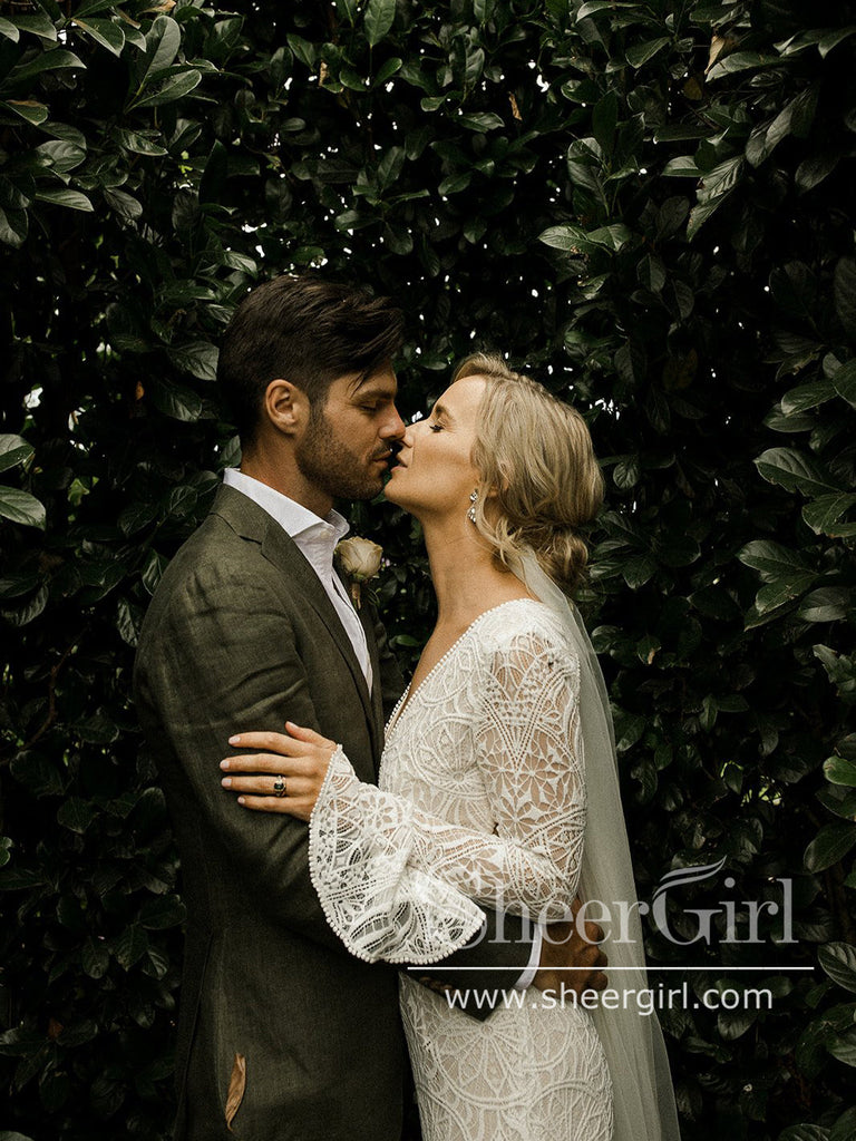 Keyhole Back V Neck Sheath Wedding Gown Long Sleeves Boho Lace Wedding Dress AWD1956-SheerGirl