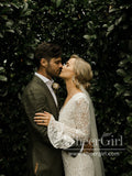 Keyhole Back V Neck Sheath Wedding Gown Long Sleeves Boho Lace Wedding Dress AWD1956-SheerGirl