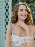 Lace Straps Square Neck Ball Gown Dress with 3D Flowers Green Leaves Wedding Dress AWD1958-SheerGirl
