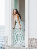 Lace Straps Square Neck Ball Gown Dress with 3D Flowers Green Leaves Wedding Dress AWD1958-SheerGirl