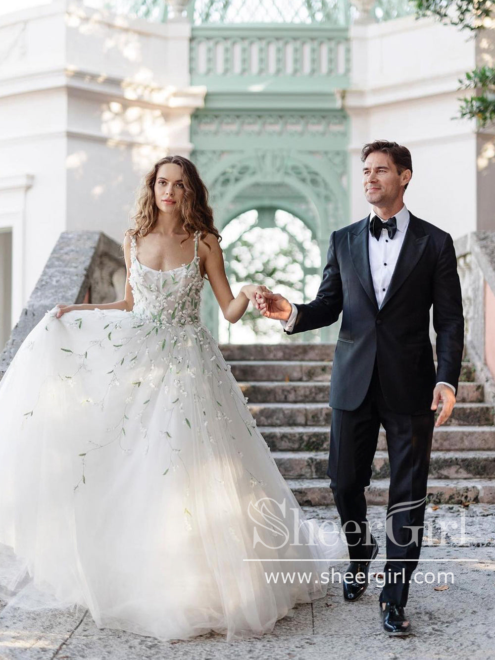 Lace Straps Square Neck Ball Gown Dress with 3D Flowers Green Leaves Wedding Dress AWD1958 Lace Straps Square Neck Ball Gown Dress with 3D Flowers Green Leaves Wedding Dress AWD1958