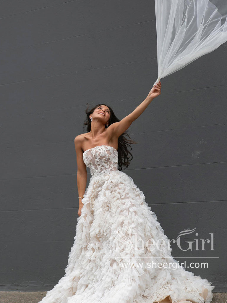 Layers Tulle Ball Gown Wedding Dress Floral Lace Bodice Drama Wedding Gown AWD1961-SheerGirl