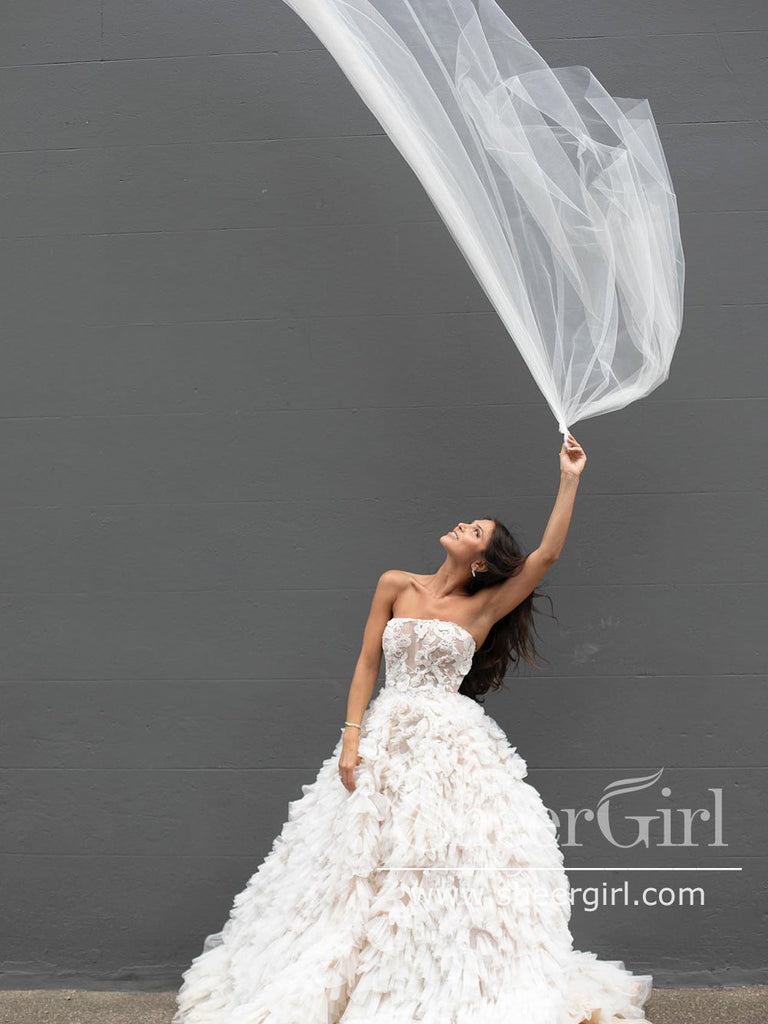 Layers Tulle Ball Gown Wedding Dress Floral Lace Bodice Drama Wedding Gown AWD1961-SheerGirl