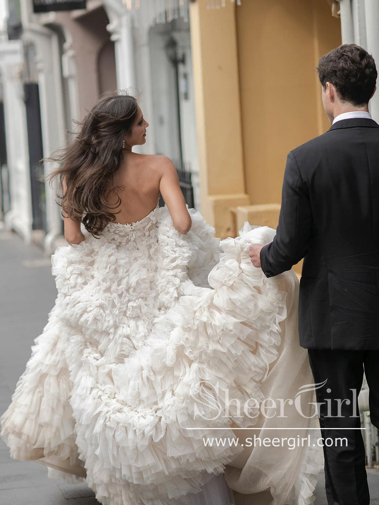 Layers Tulle Ball Gown Wedding Dress Floral Lace Bodice Drama Wedding Gown AWD1961-SheerGirl