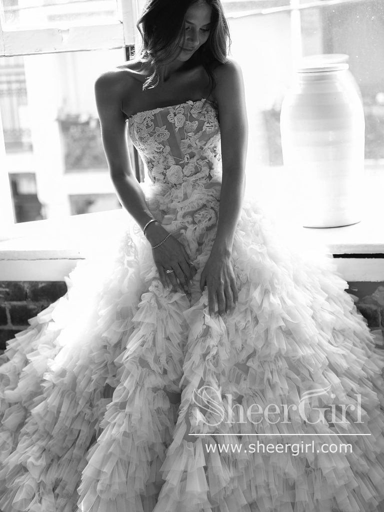 Layers Tulle Ball Gown Wedding Dress Floral Lace Bodice Drama Wedding Gown AWD1961-SheerGirl