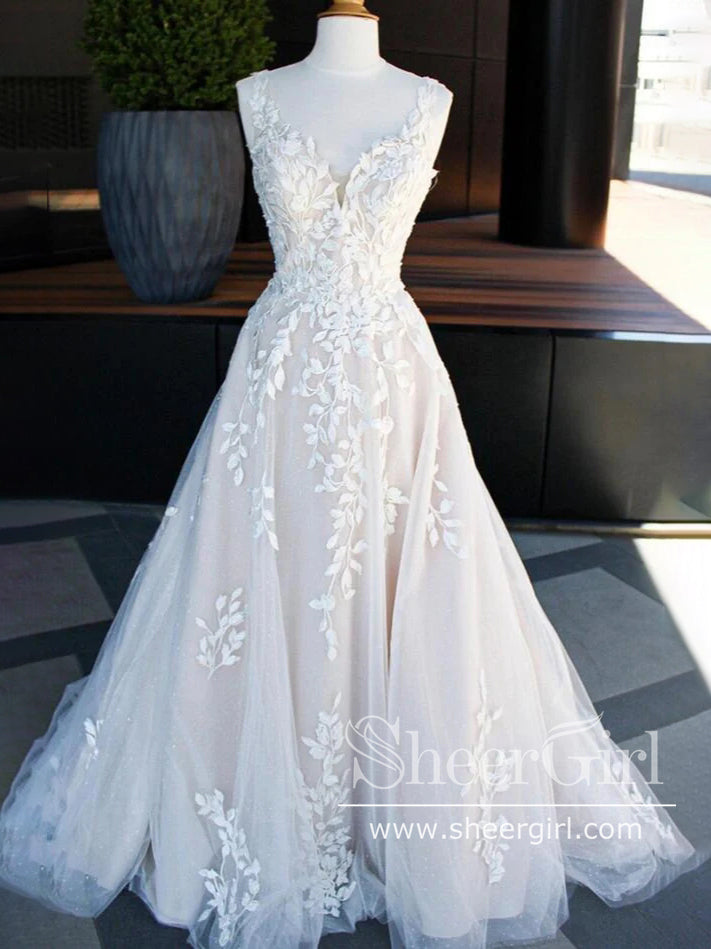 Leaves Lace A Line Boho Wedding Gown Sweetheart Neck Wedding Dress AWD1981-SheerGirl