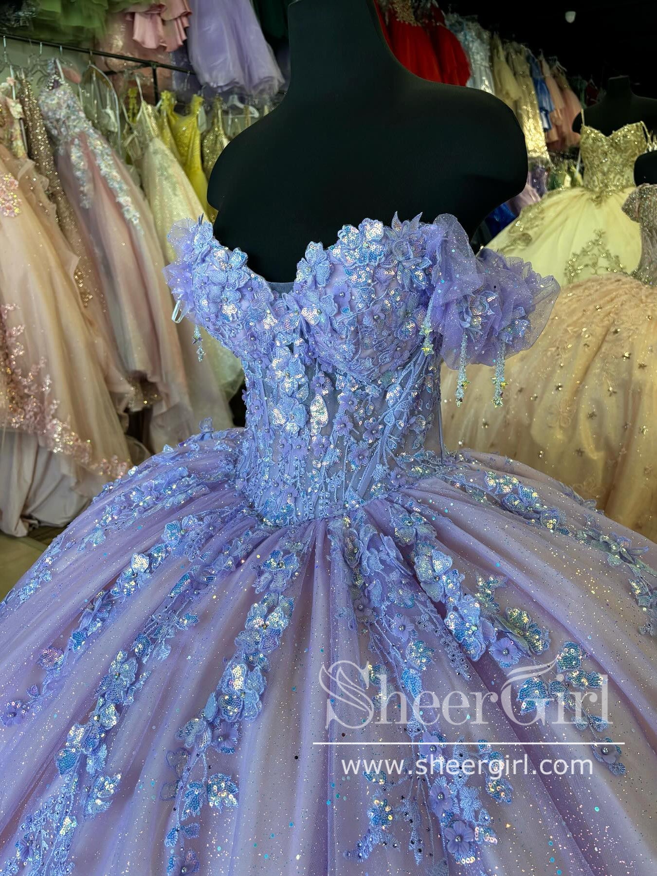 Lilac Sequins Lace Off The Shoulder Quinceanera Dresses Gorgeous Sparkly Ball Gown Prom Dress ARD3179