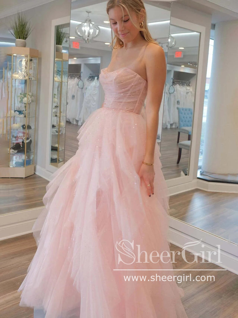 Ling Pink Strapless Sparkly Prom Gown Layered Party Dress Prom Dress ARD3031-SheerGirl