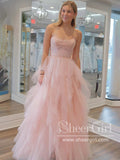 Ling Pink Strapless Sparkly Prom Gown Layered Party Dress Prom Dress ARD3031-SheerGirl