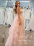 Ling Pink Strapless Sparkly Prom Gown Layered Party Dress Prom Dress ARD3031-SheerGirl