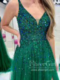 Long Backless Dark Green Sexy Prom Dresses with Slit Rhinestone See Through Evening Gowns ARD3036-SheerGirl