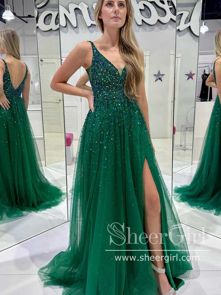 Long Backless Dark Green Sexy Prom Dresses with Slit Rhinestone See Through Evening Gowns ARD3036-SheerGirl