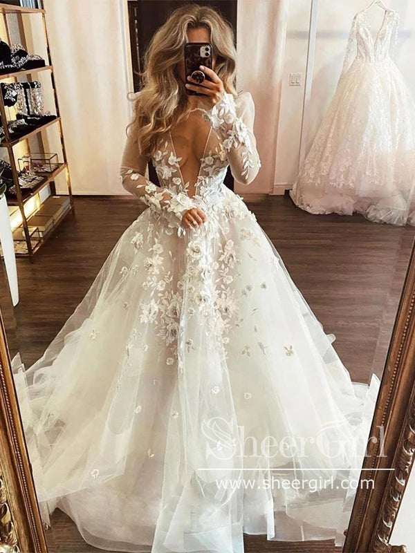 Long Sleeve Tulle Bridal Dress Elegant 3D Flower Lace Boho Wedding Dre –  SheerGirl