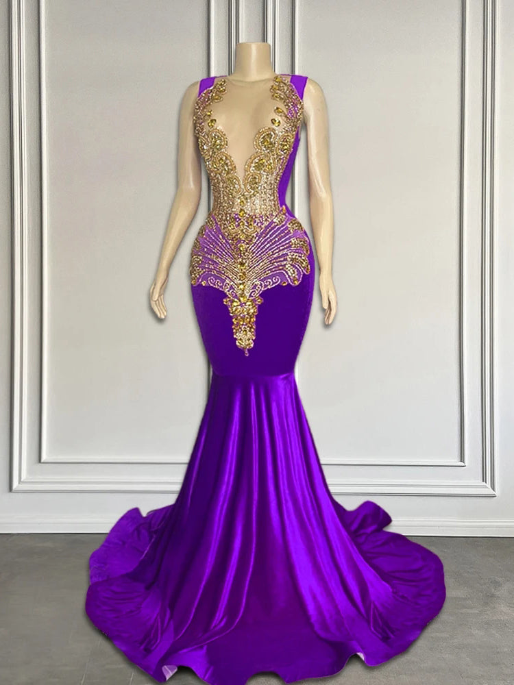 Luxury Gold Beaded Mermaid Prom Dresses For Black Girls Purple Plus Si SheerGirl Luxury Gold Beaded Mermaid Prom Dresses For Black Girls Purple Plus Si SheerGirl