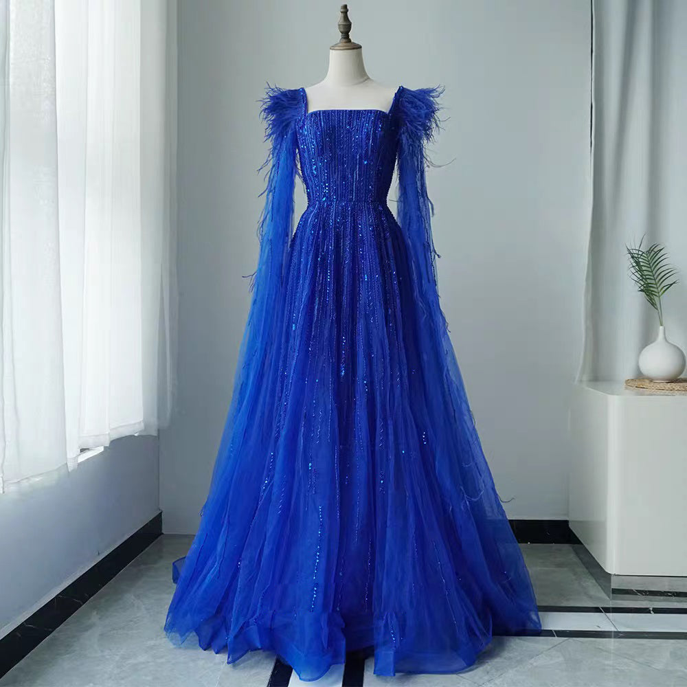 strapless open back dress Royal Blue Sleeveless Feathers High Split Mermaid Prom Dresses main image 0
