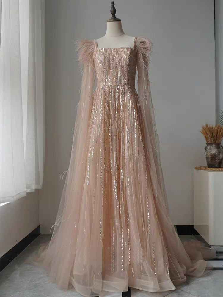 Luxury Sewed Beads Prom Gown A Line Square Neck Prom Dress with Feathe SheerGirl Luxury Sewed Beads Prom Gown A Line Square Neck Prom Dress with Feathe SheerGirl