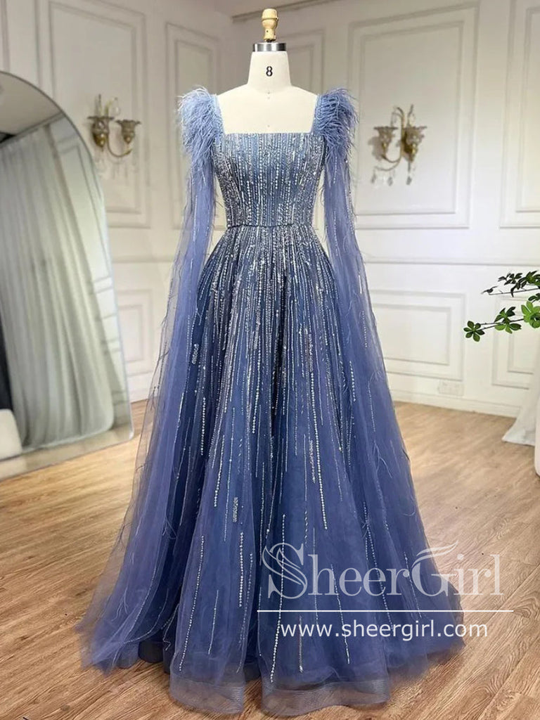 Luxury Sewed Beads Prom Gown A Line Square Neck Prom Dress with Feather ARD3171-SheerGirl