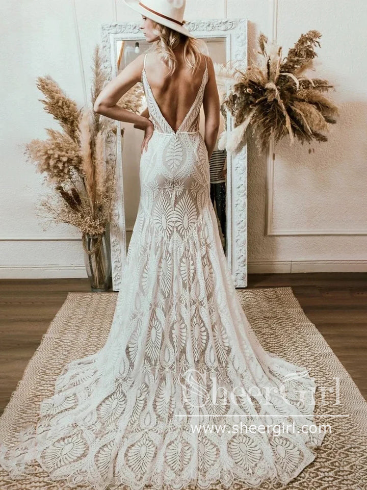 boho beach wedding dress australia Boho Wedding Dresses 2026 A Line Deep V Neck Straps Lace Short Sleeve Bridal Gown For Beach Wedding With Sweep Train