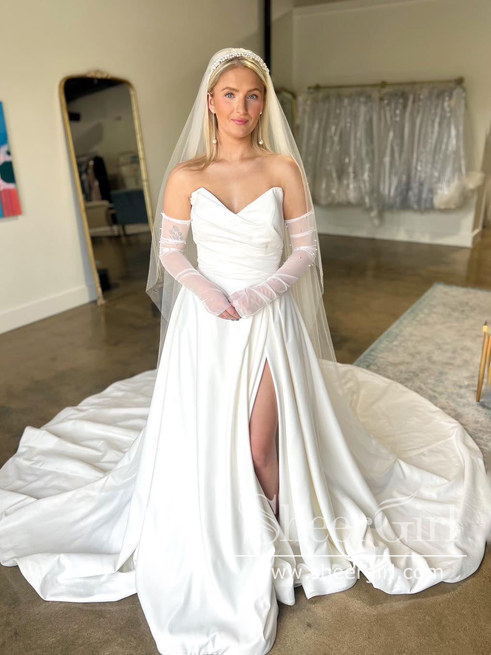 Minimalist Wedding Gown Strapless A Line Satin Wedding Dress with High Slit AWD1995 Minimalist Wedding Gown Strapless A Line Satin Wedding Dress with High Slit AWD1995