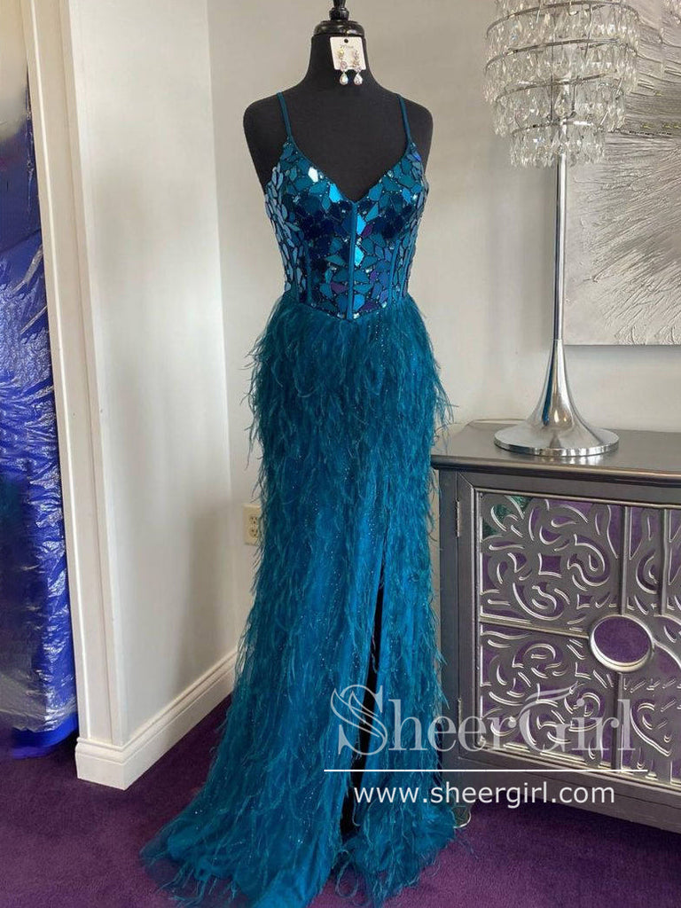 Mirror Sequins Bodice Sheath Prom Dress High Slit Party Dress with Feather ARD3037-SheerGirl