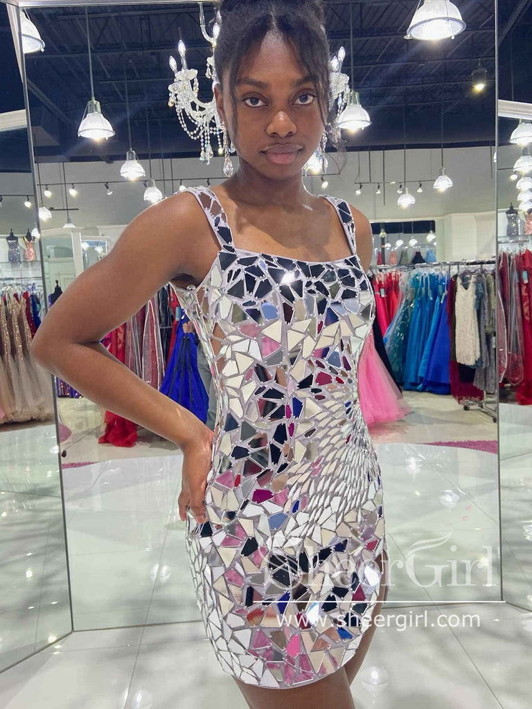Mirror Sequins Sparkly Homecoming Dress Square Neck Short Prom Dress ARD2997-SheerGirl