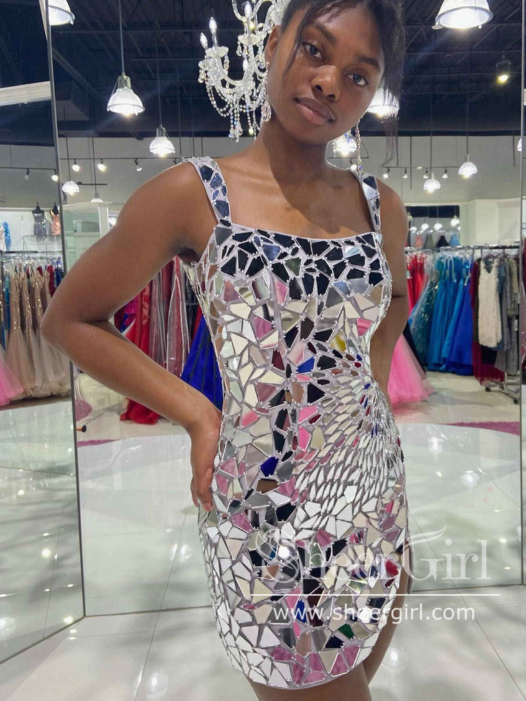 Mirror Sequins Sparkly Homecoming Dress Square Neck Short Prom Dress ARD2997-SheerGirl