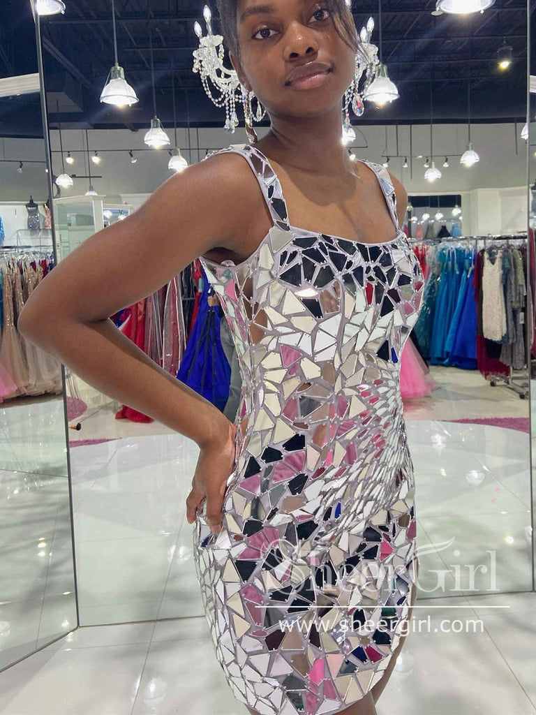 Mirror Sequins Sparkly Homecoming Dress Square Neck Short Prom Dress ARD2997-SheerGirl