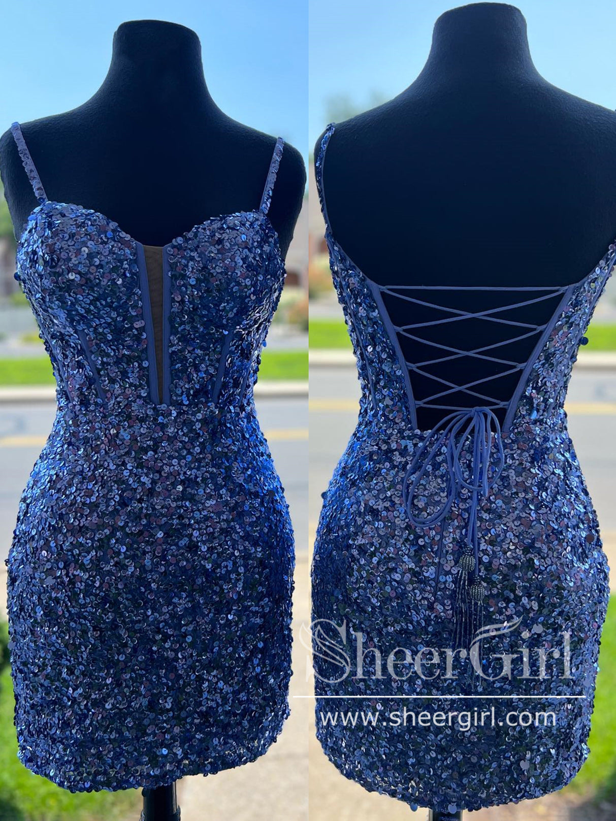 Navy Blue Sweetheart Neck Backless Sparkly Short Prom Dress Sequins Sh SheerGirl Navy Blue Sweetheart Neck Backless Sparkly Short Prom Dress Sequins Sh SheerGirl