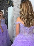Off the Shoulder Appliqued Bodice Layered Tulle Ball Gown Ruffle Prom Dress ARD3027-SheerGirl