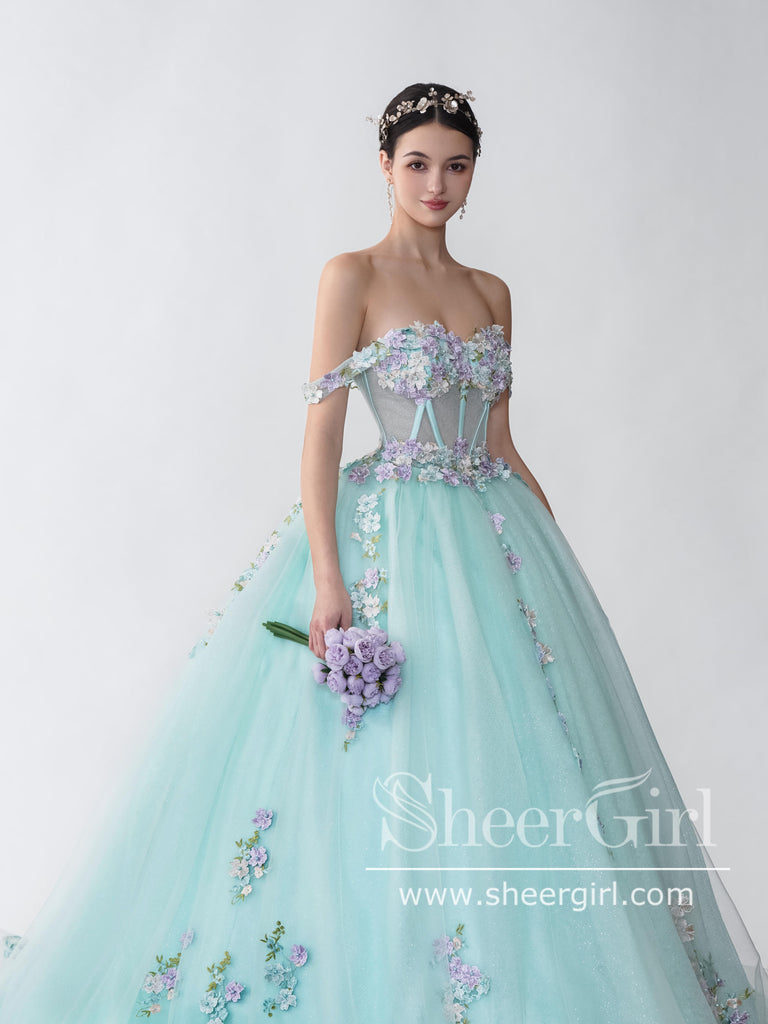 Off the Shoulder Colorful Appliques Sweet Heart Neck Ball Gown Quinceanera Dresses Prom Dresses ARD3051-SheerGirl