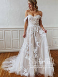 Off the Shoulder Floral Lace Beach Wedding Dresses A Line Rustic Boho Wedding Dress AWD2010-SheerGirl