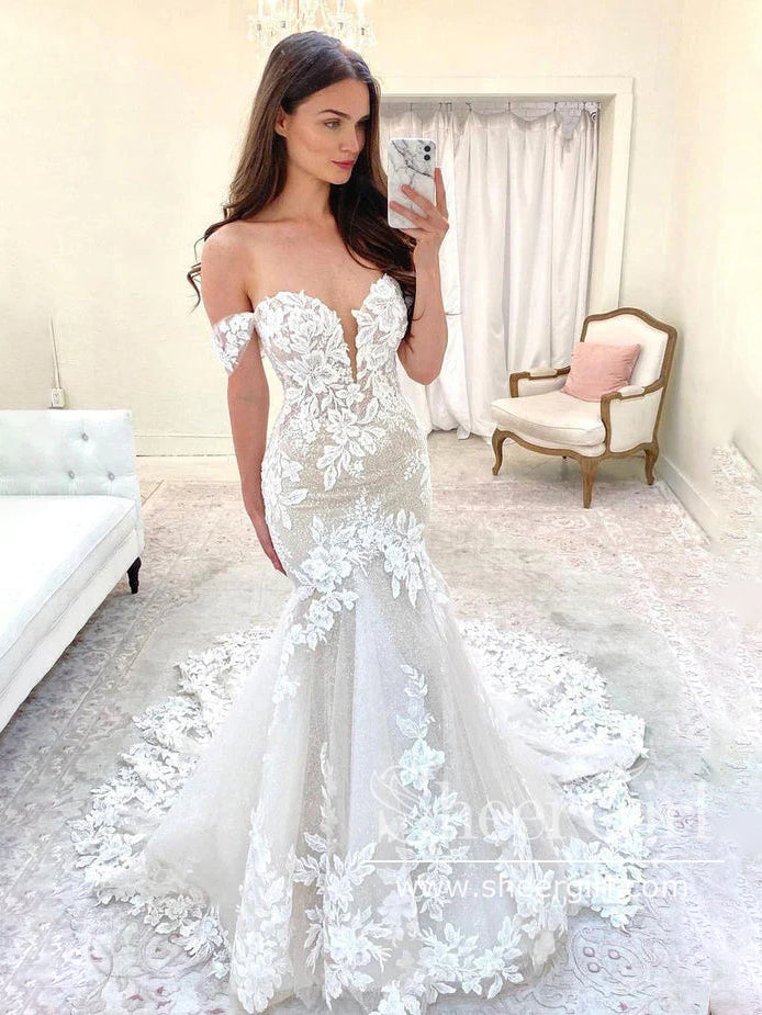 Off the Shoulder Floral Lace Wedding Gown Mermaid Wedding Dress