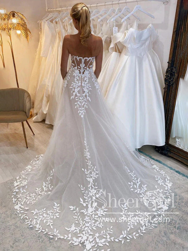 Off the Shoulder Leaves Lace Beach Wedding Dresses Rustic Boho Wedding Dress AWD1978-SheerGirl