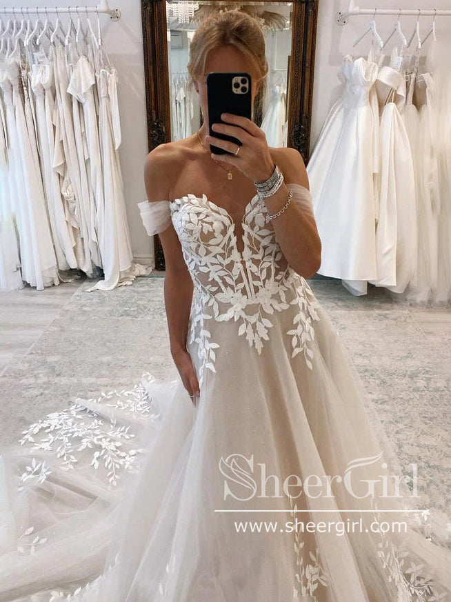 Off the Shoulder Leaves Lace Beach Wedding Dresses Rustic Boho Wedding Dress AWD1978-SheerGirl