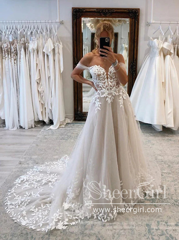 Off the Shoulder Leaves Lace Beach Wedding Dresses Rustic Boho Wedding Dress AWD1978-SheerGirl