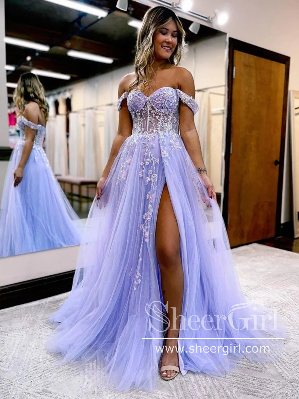 lilac party dress women A-Line V Neck Lilac Tulle Long Slit Prom Dress Evening Dress PSK405 US2 / Custom Color