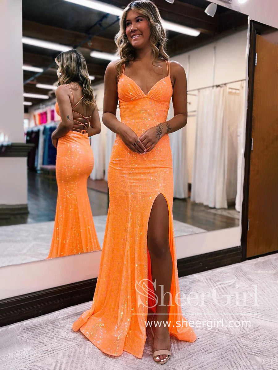 Orange High Slit Party Dress Mermaid Evening Dress Long Prom Dress Floral Sparkly Sequins ARD3104 Orange High Slit Party Dress Mermaid Evening Dress Long Prom Dress Floral Sparkly Sequins ARD3104