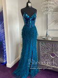 Peacock Mirror Sequins Bodice Sheath Prom Dress High Slit Party Dress with Feather ARD3037-SheerGirl