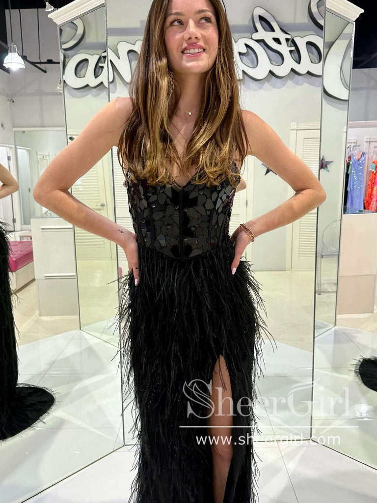 Peacock Mirror Sequins Bodice Sheath Prom Dress High Slit Party Dress with Feather ARD3037-SheerGirl