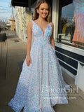 Pearl White V Neck Sparkly Prom Dresses A Line Formal Dress Ball Gown Party Dress ARD2932-SheerGirl