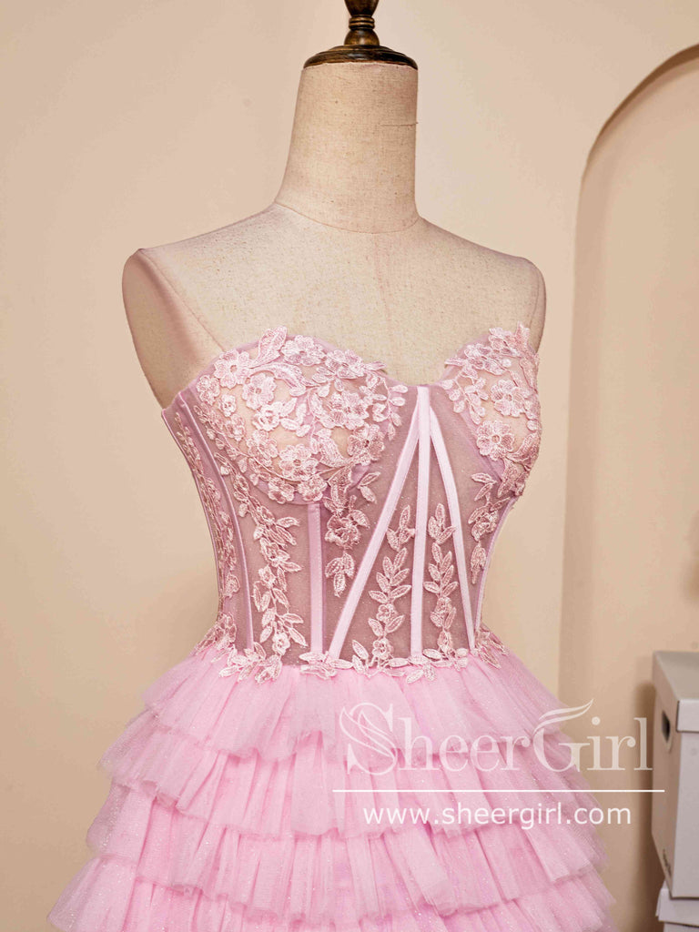 Pink Sweetheart Neck Layered Strapless Homecoming Dress Short Prom Dress ARD3005-SheerGirl