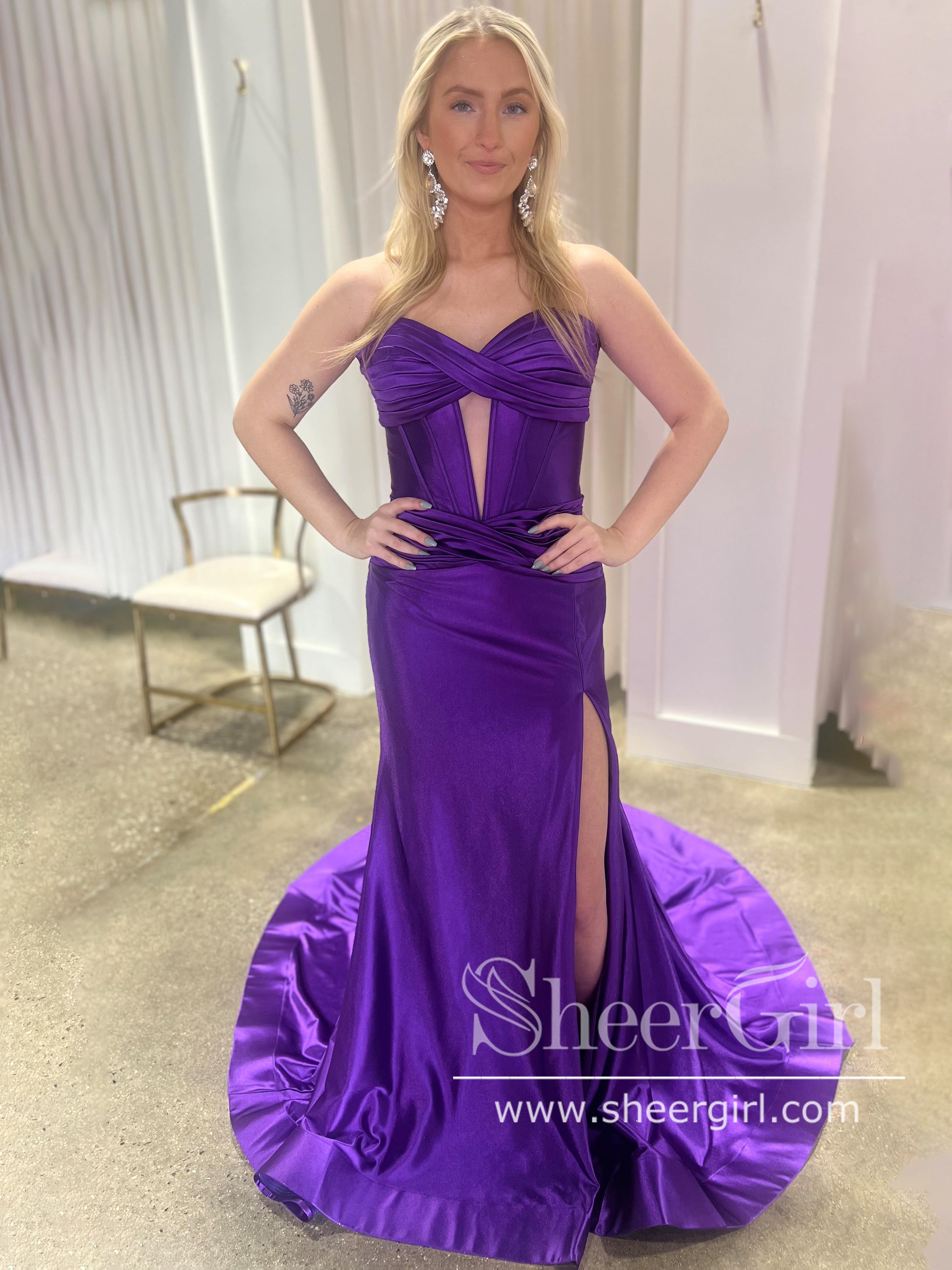 open lace back dress Pleated Bodice Plunge Neck Sheath Prom Gown Violet Evening Dress Prom Dress ARD3050