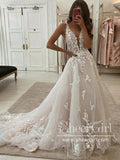 Plunge V Neck Leaves Lace Wedding Gown Beach Wedding Dress AWD1989-SheerGirl
