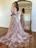 Print Garden Flower Tulle Prom Gown Ruffled Formal Dress Prom Dress with Detachable Sleeves ARD2886-SheerGirl