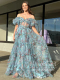 Print Garden Flower Tulle Prom Gown Ruffled Formal Dress Prom Dress with Detachable Sleeves ARD2886-SheerGirl