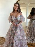 Print Garden Flower Tulle Prom Gown Ruffled Formal Dress Prom Dress with Detachable Sleeves ARD2886-SheerGirl