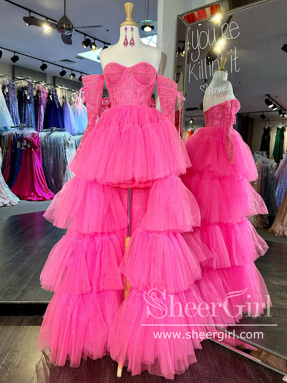 Ruffle Tulle High Low Ball Gown Strapless Tiered Lace Corset Bodice Prom Dress with Detachable Sleeves ARD2955 Ruffle Tulle High Low Ball Gown Strapless Tiered Lace Corset Bodice Prom Dress with Detachable Sleeves ARD2955