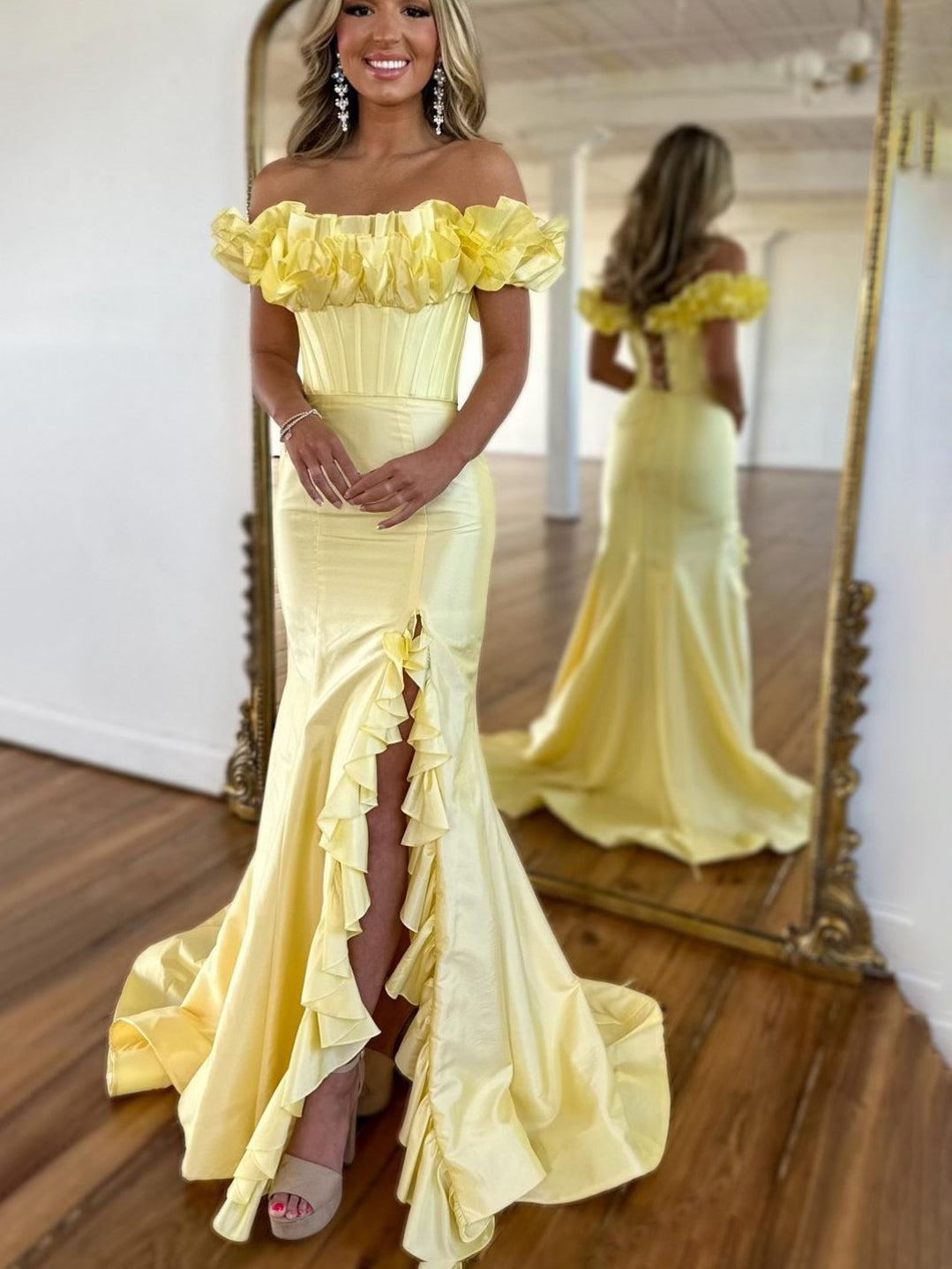 Yellow off the shoulder mermaid dress new arrivals