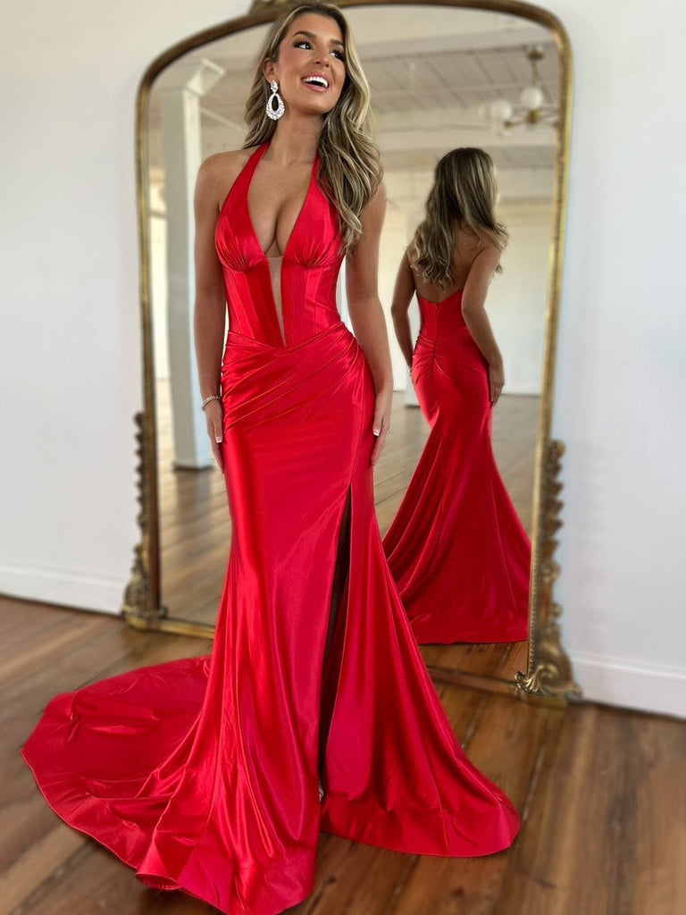 Satin Halter Neck Mermaid Prom Dresses Simple Pageant Formal Dress Evening Dress ARD3096-SheerGirl