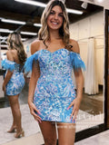 Sequins Lace Homecoming Dress Off the Shoulder Short Dresses with Feather ARD3129-SheerGirl